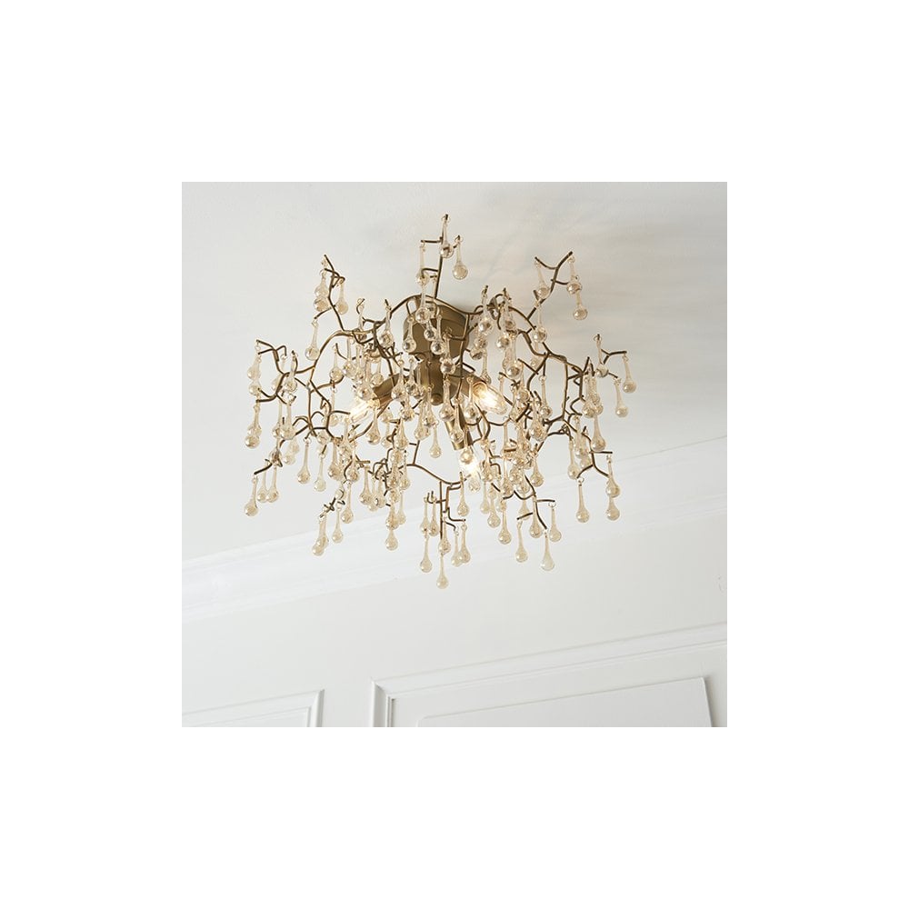 81696 3 Light Semi Flush Ceiling Light Aged Gold Paint & Champagne Lustre Glass