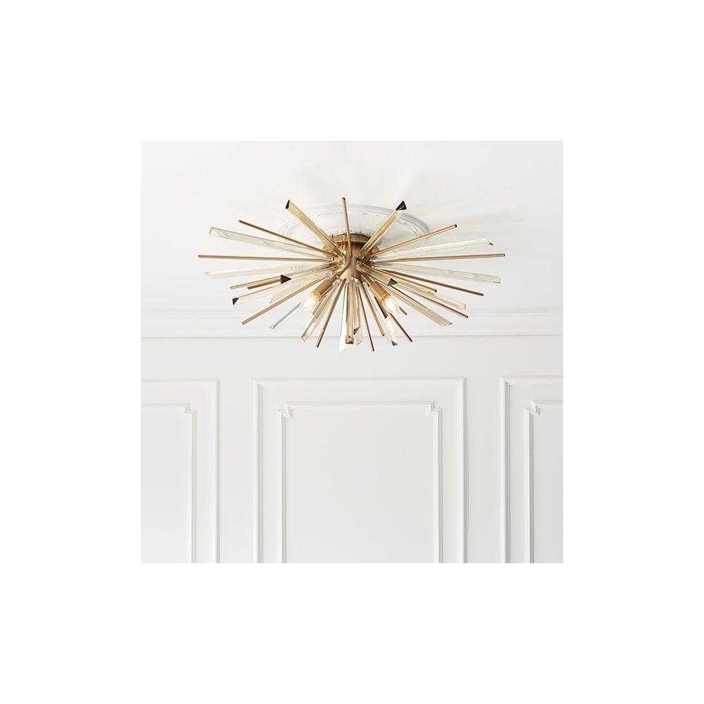81937 4 Light Flush Ceiling Light Antique Brass Plate With Champagne Glass