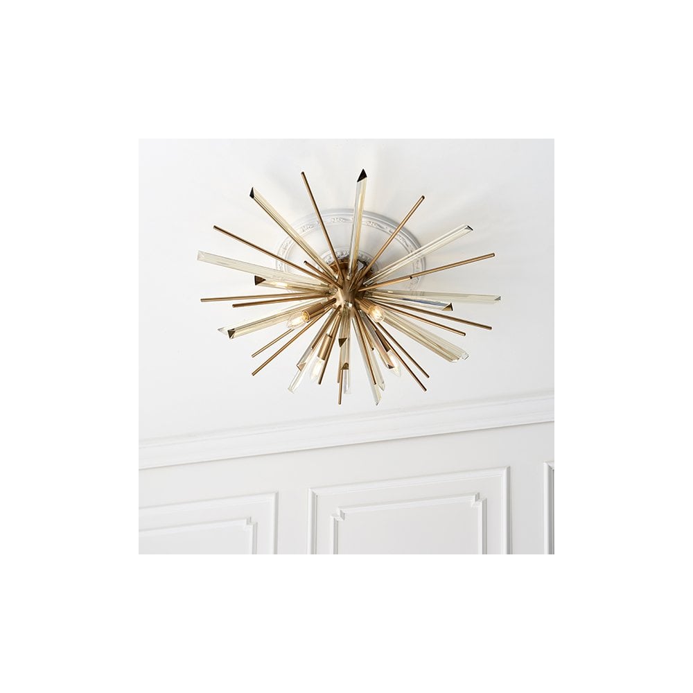 81937 4 Light Flush Ceiling Light Antique Brass Plate With Champagne Glass