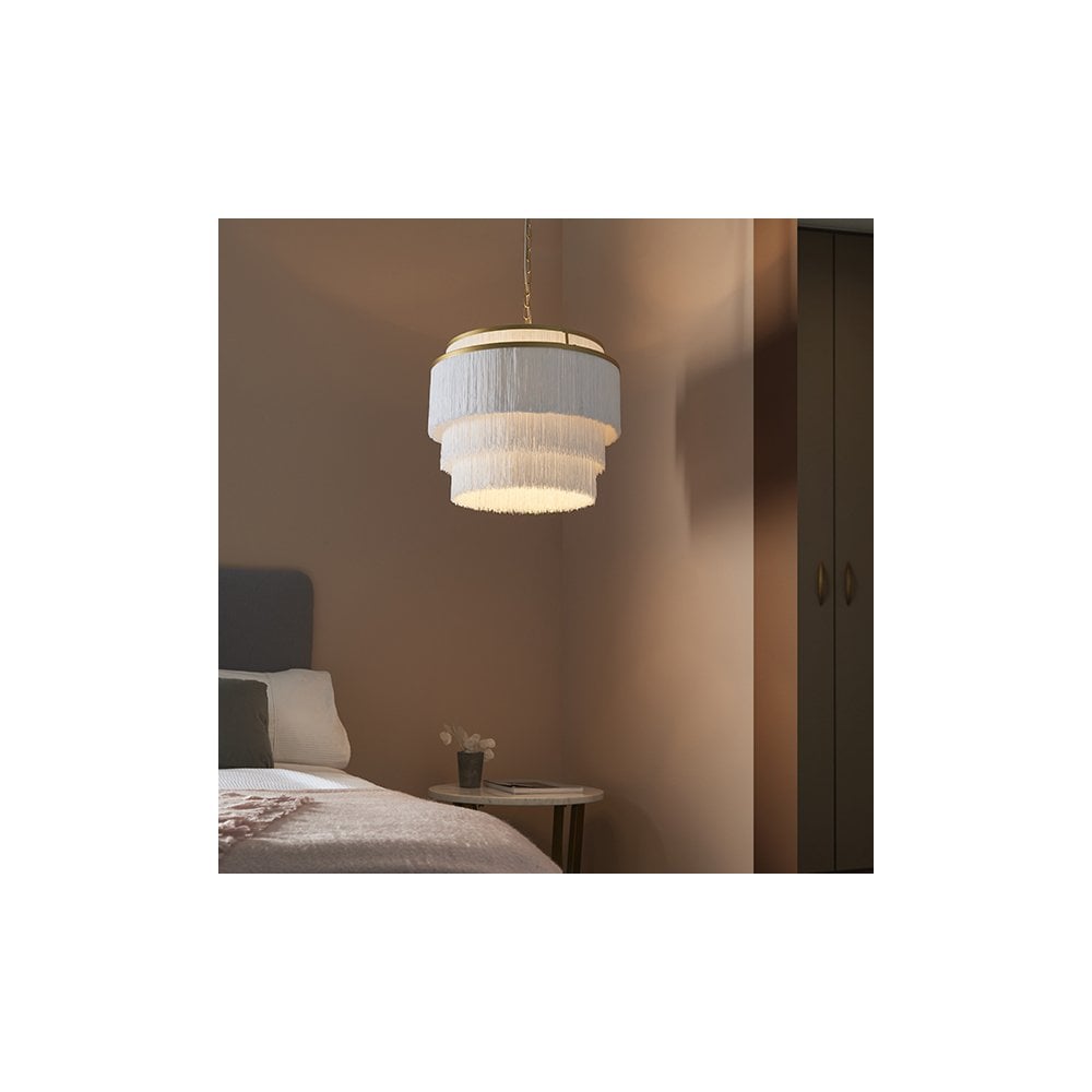 91532 3 Light Pendant Matt Gold Paint & White Tassels