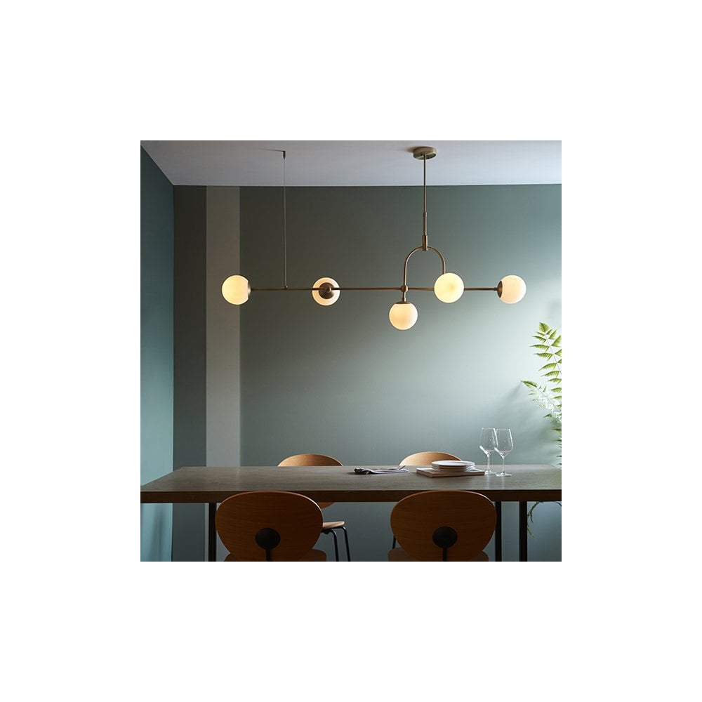 91893 5 Light Bar Pendant Matt Antique Brass Plate & Opal Glass