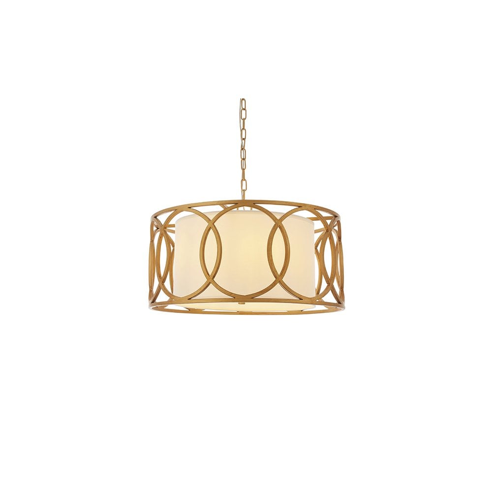 91921 4 Light Pendant Brushed Gold Paint & White Fabric