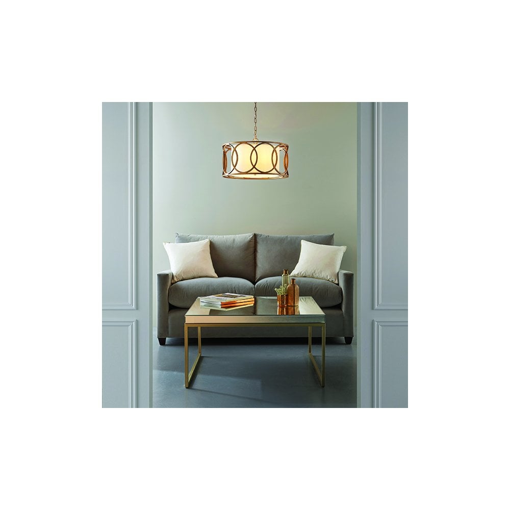 91921 4 Light Pendant Brushed Gold Paint & White Fabric