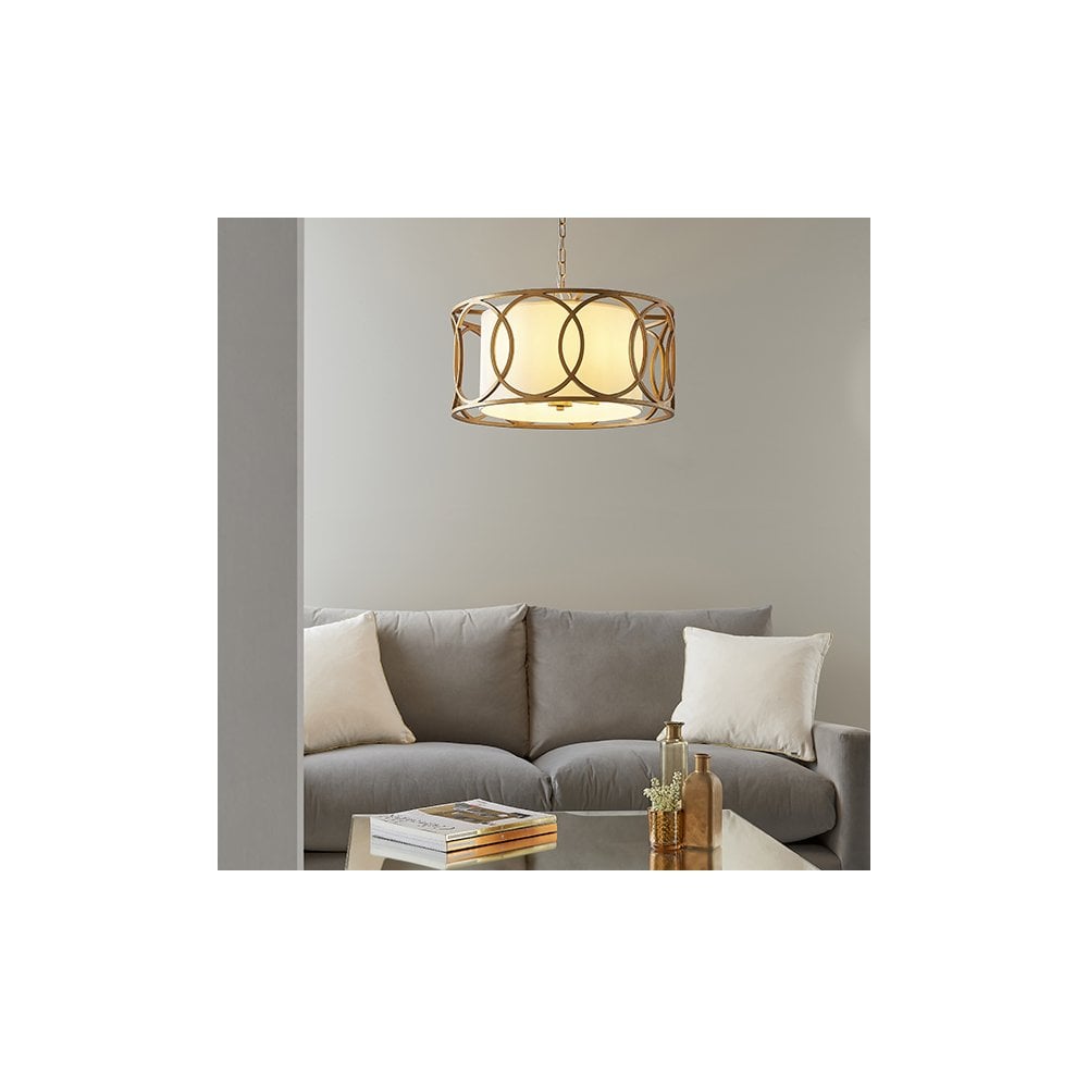 91921 4 Light Pendant Brushed Gold Paint & White Fabric