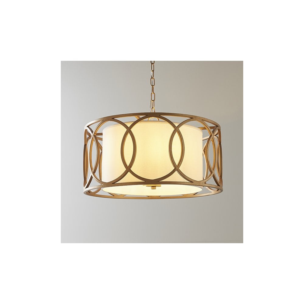 91921 4 Light Pendant Brushed Gold Paint & White Fabric