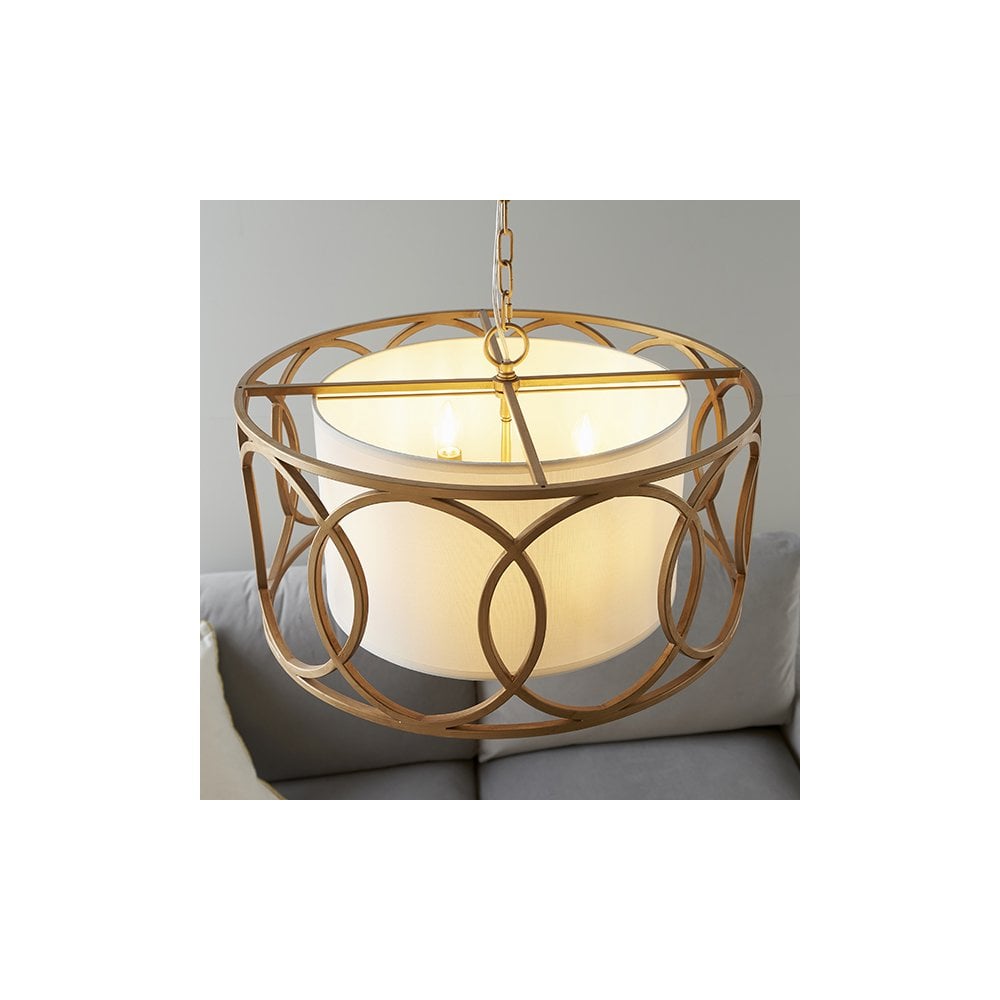91921 4 Light Pendant Brushed Gold Paint & White Fabric
