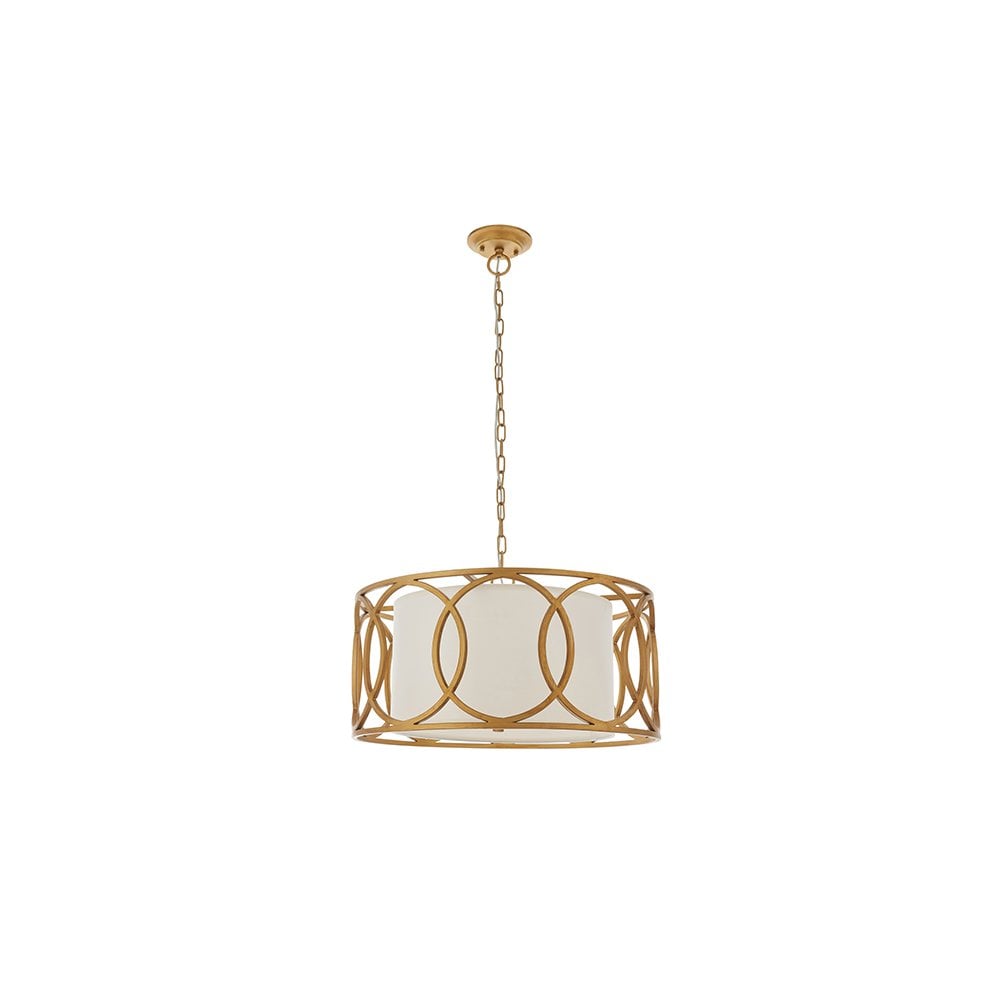 91921 4 Light Pendant Brushed Gold Paint & White Fabric
