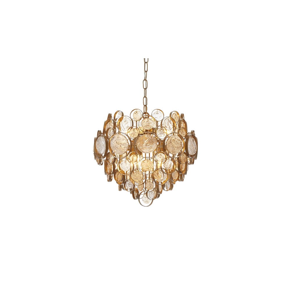 91989 6 Light Pendant Antique Gold Paint, Clear & Amber Glass