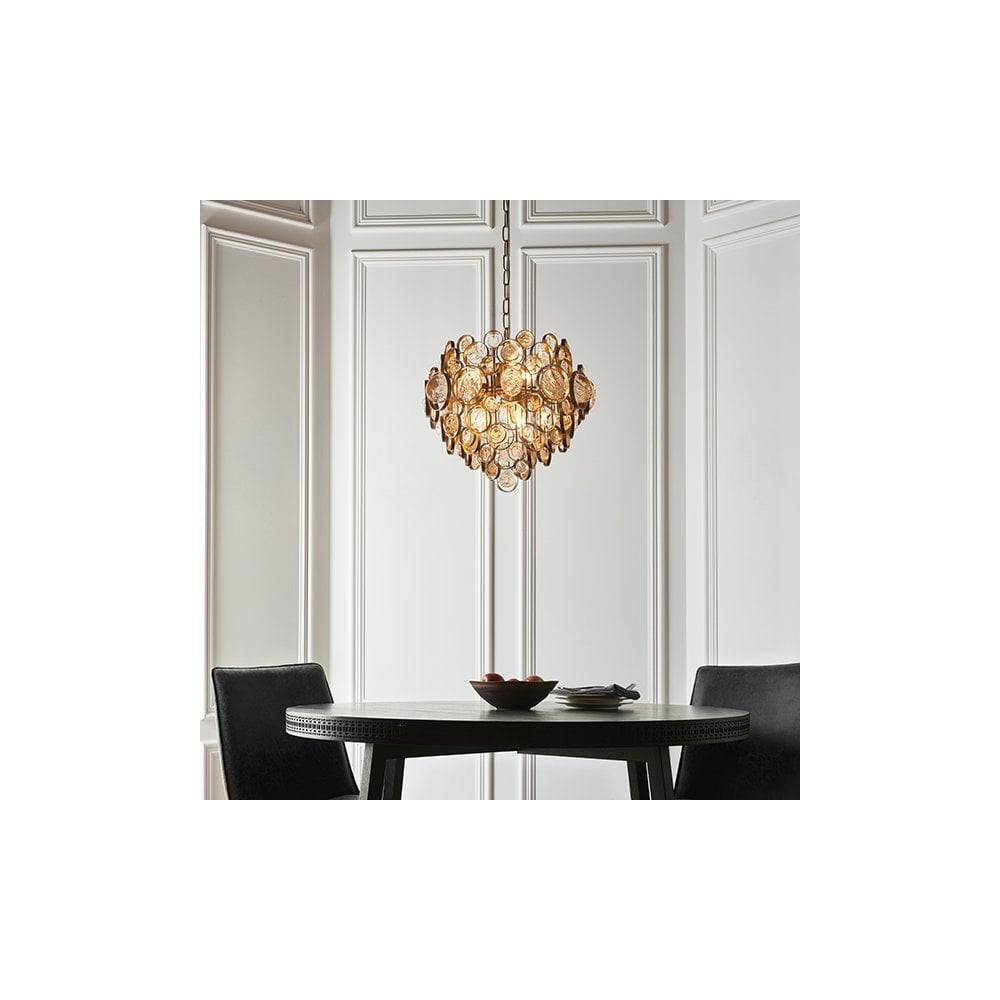 91989 6 Light Pendant Antique Gold Paint, Clear & Amber Glass