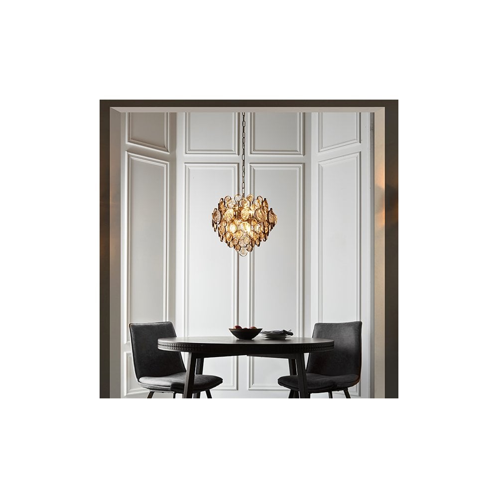 91989 6 Light Pendant Antique Gold Paint, Clear & Amber Glass