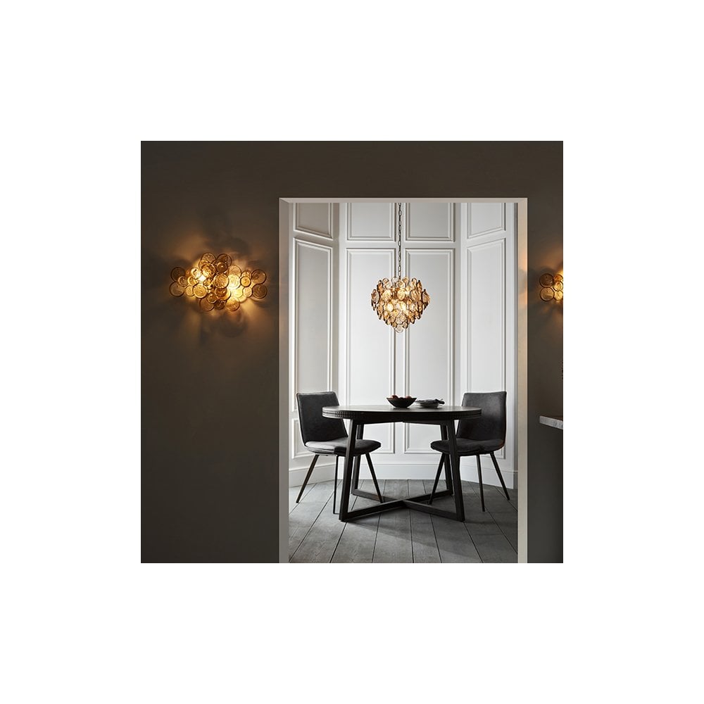 91989 6 Light Pendant Antique Gold Paint, Clear & Amber Glass