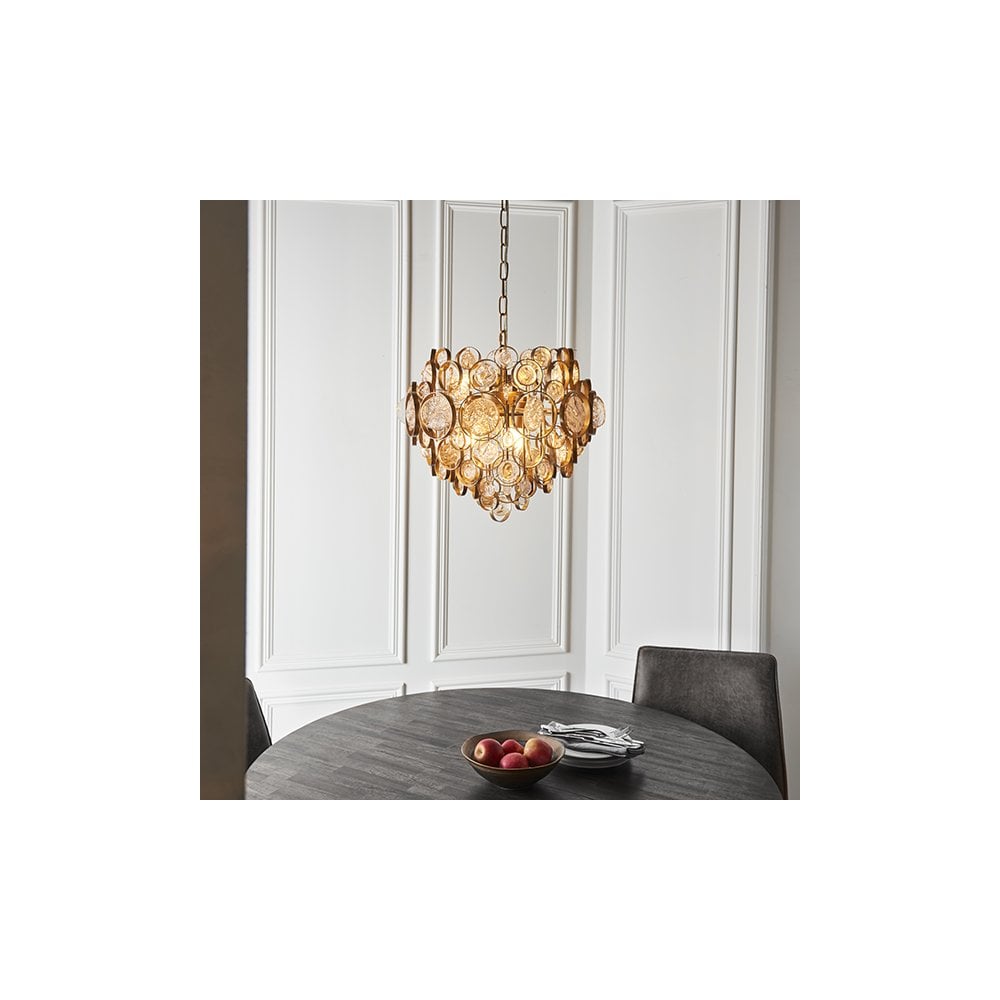 91989 6 Light Pendant Antique Gold Paint, Clear & Amber Glass
