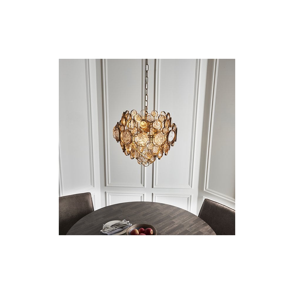 91989 6 Light Pendant Antique Gold Paint, Clear & Amber Glass