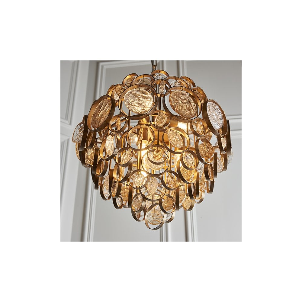 91989 6 Light Pendant Antique Gold Paint, Clear & Amber Glass