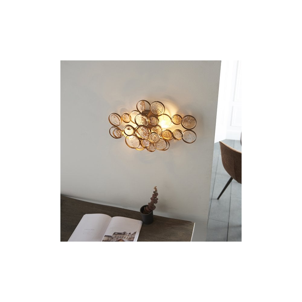 91990 2 Light Wall Light Antique Gold Paint, Clear & Amber Glass