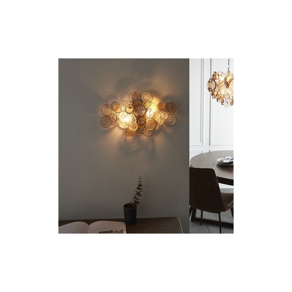 91990 2 Light Wall Light Antique Gold Paint, Clear & Amber Glass