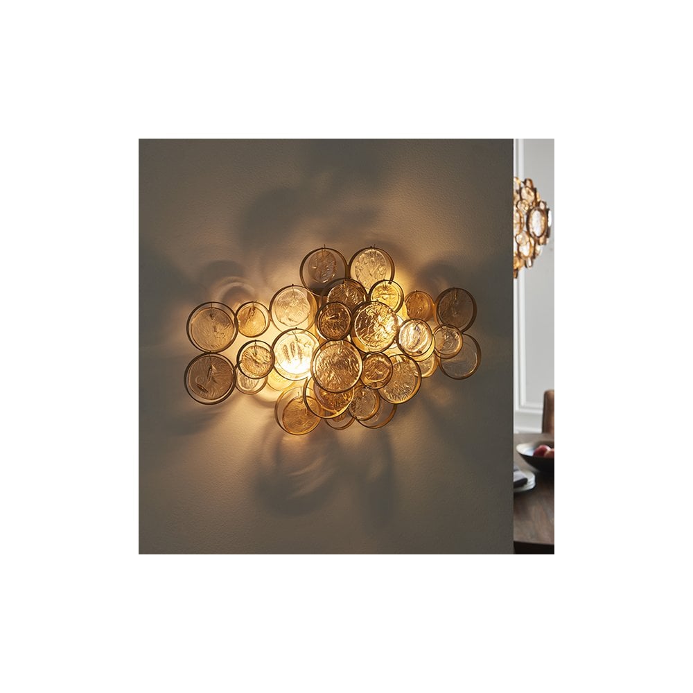 91990 2 Light Wall Light Antique Gold Paint, Clear & Amber Glass