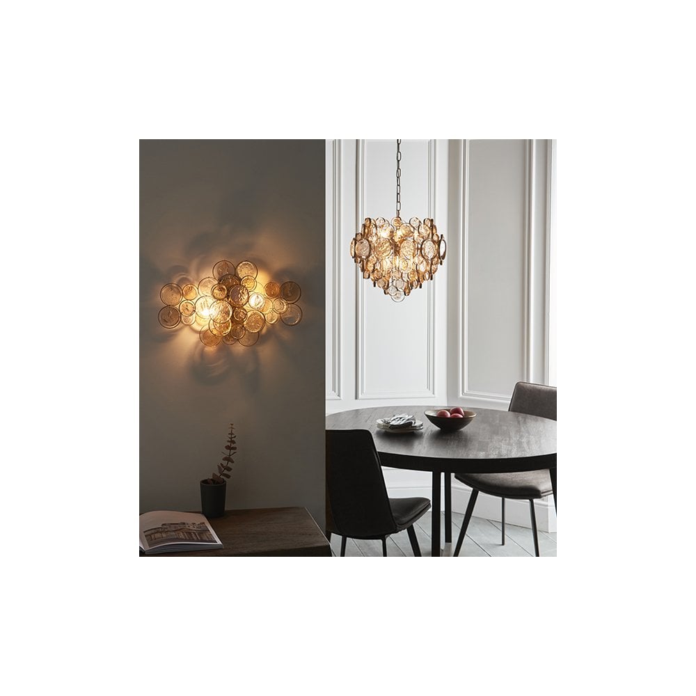 91990 2 Light Wall Light Antique Gold Paint, Clear & Amber Glass