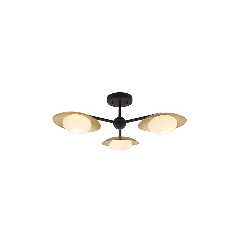 92034 3 Light Semi Flush Ceiling Light Gold & Dark Bronze Finish With Opal Glass