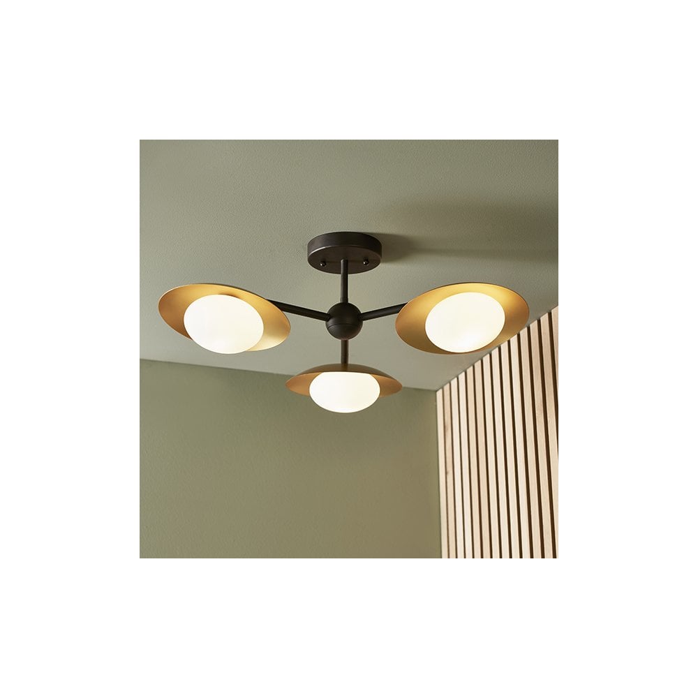 92034 3 Light Semi Flush Ceiling Light Gold & Dark Bronze Finish With Opal Glass