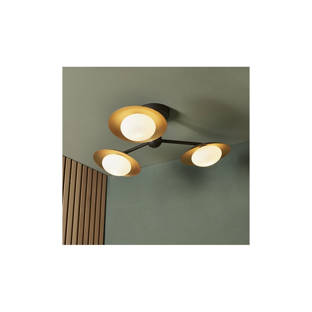 92034 3 Light Semi Flush Ceiling Light Gold & Dark Bronze Finish With Opal Glass