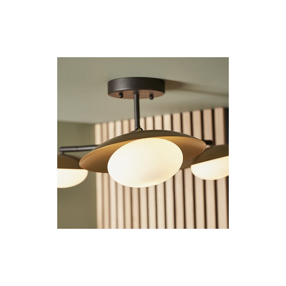 92034 3 Light Semi Flush Ceiling Light Gold & Dark Bronze Finish With Opal Glass