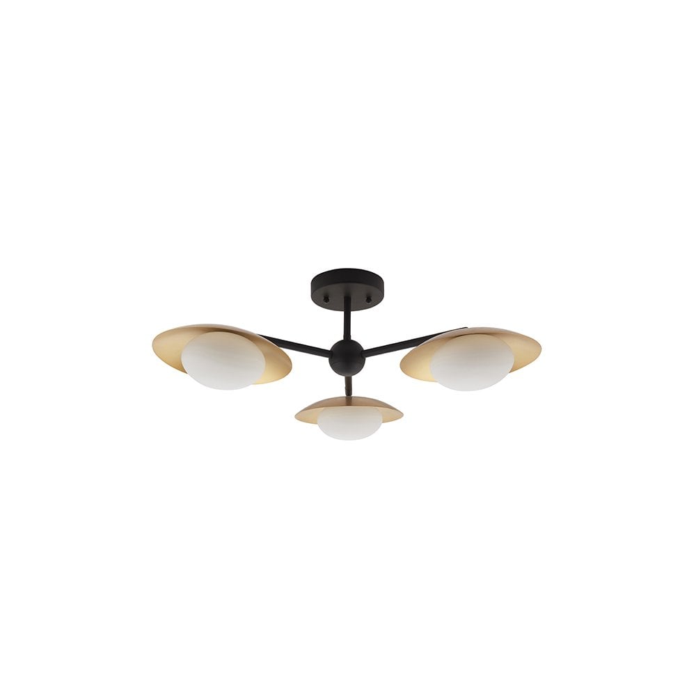 92034 3 Light Semi Flush Ceiling Light Gold & Dark Bronze Finish With Opal Glass