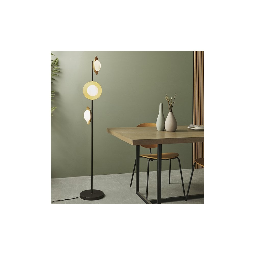3 Light Floor  Lamp Gold & Dark Bronze Finish With Opal Glass