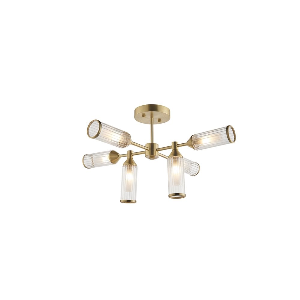 92213 6 Light Semi Flush Ceiling Light Satin Brass Plate With Clear & Frosted Glass
