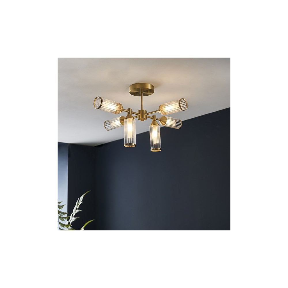 92213 6 Light Semi Flush Ceiling Light Satin Brass Plate With Clear & Frosted Glass