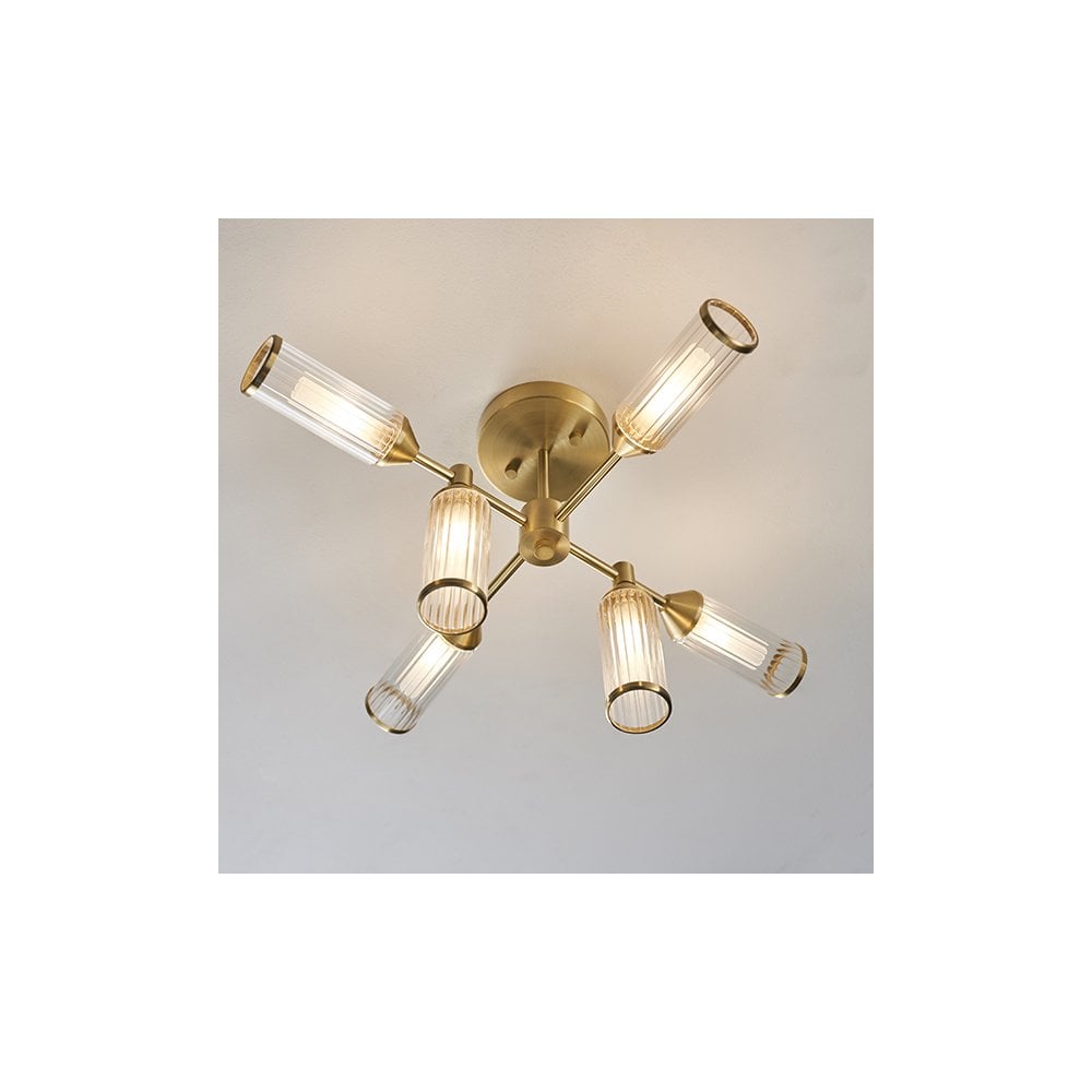 92213 6 Light Semi Flush Ceiling Light Satin Brass Plate With Clear & Frosted Glass