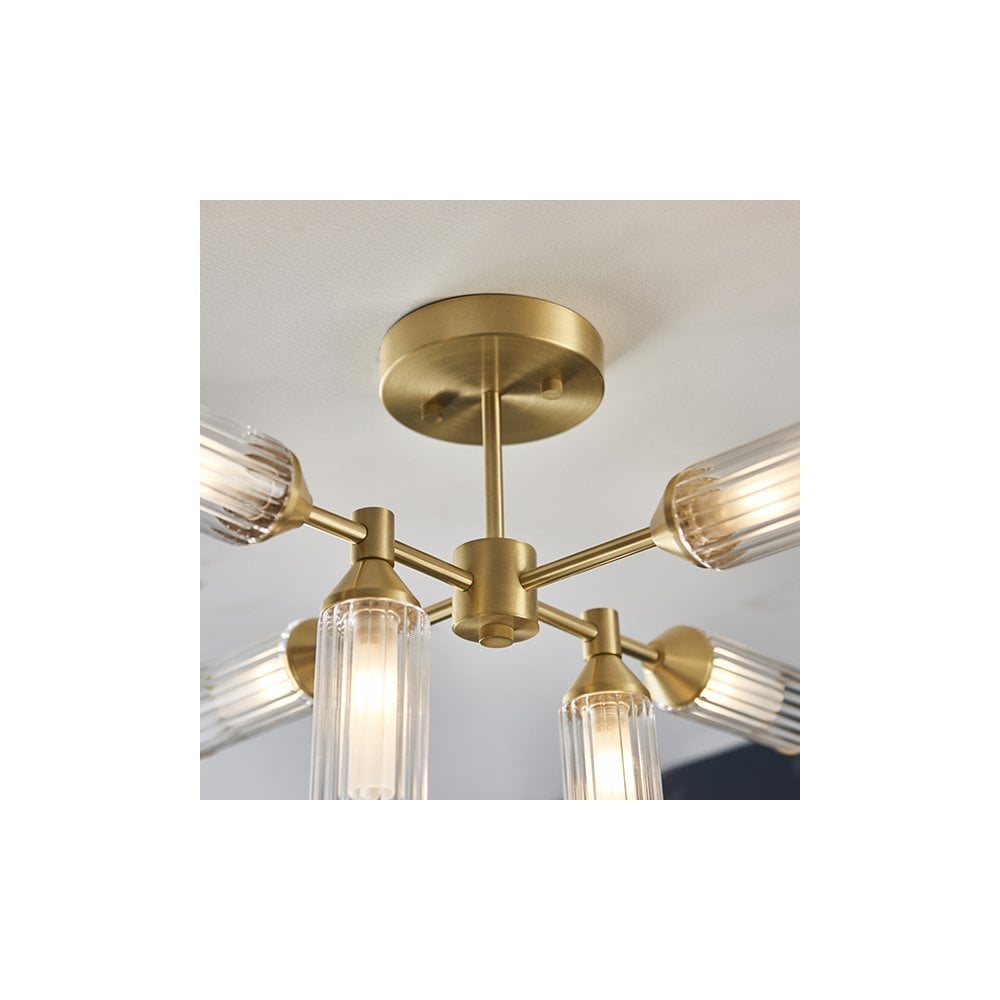92213 6 Light Semi Flush Ceiling Light Satin Brass Plate With Clear & Frosted Glass