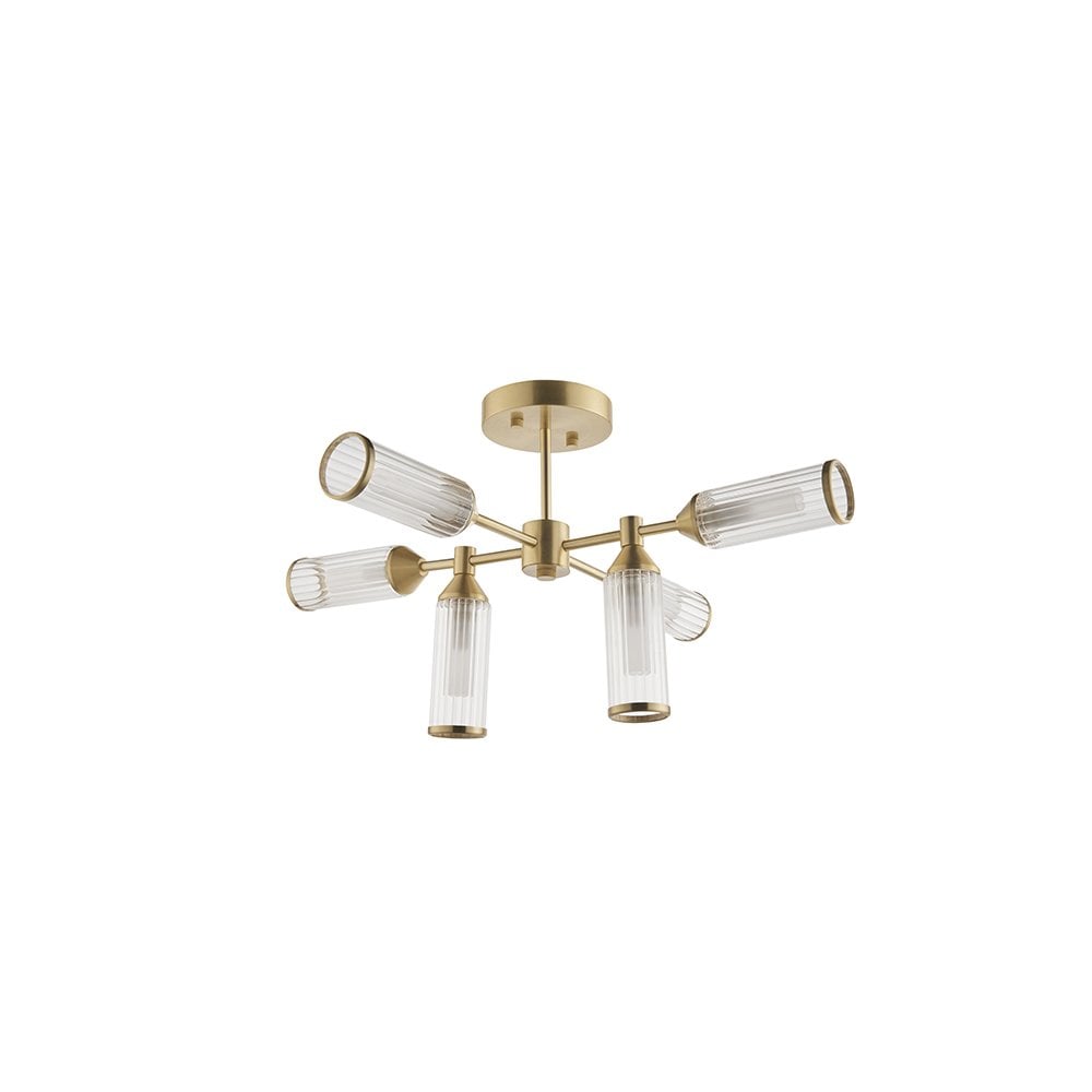92213 6 Light Semi Flush Ceiling Light Satin Brass Plate With Clear & Frosted Glass