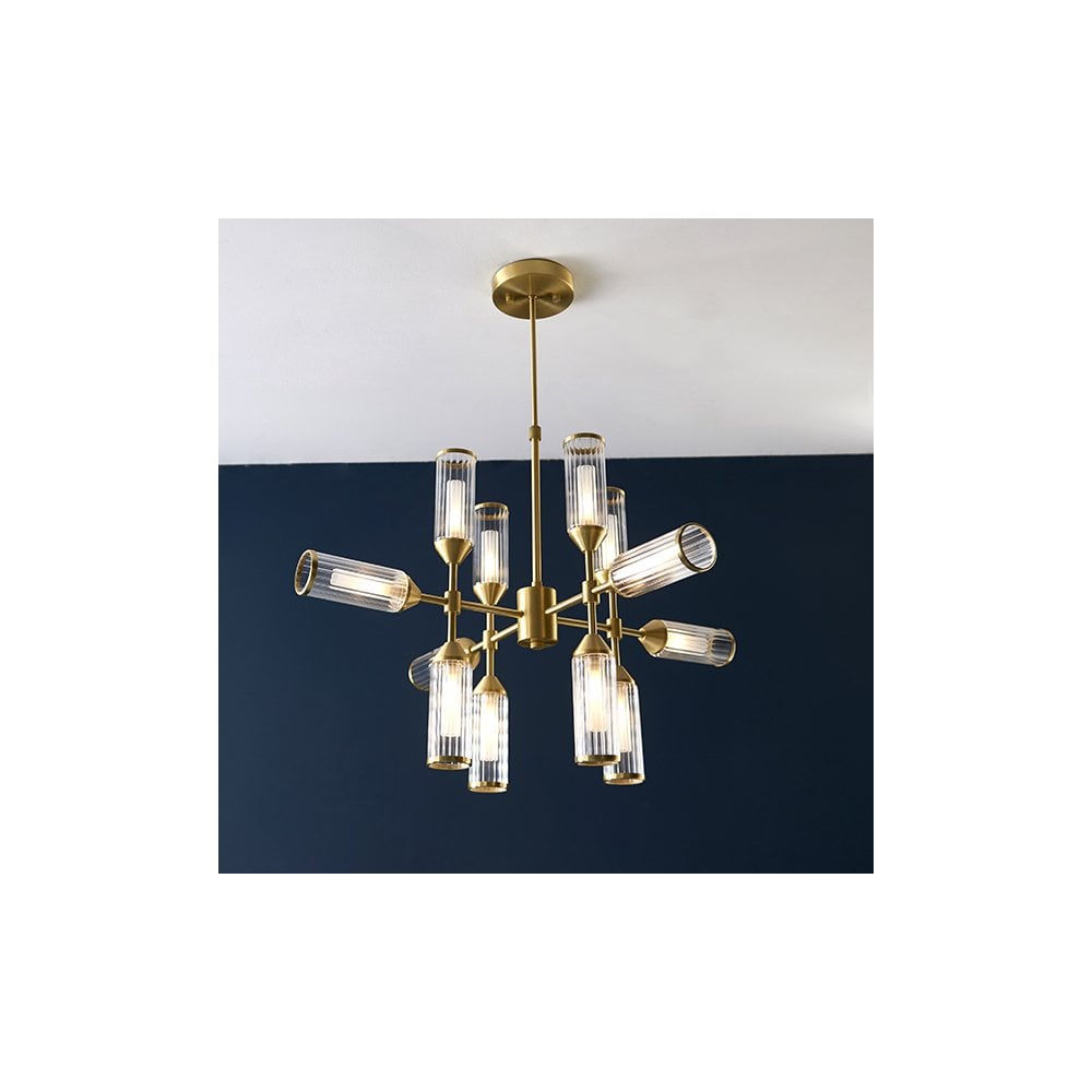 92214 12 Light Pendant Satin Brass Plate With Clear & Frosted Glass