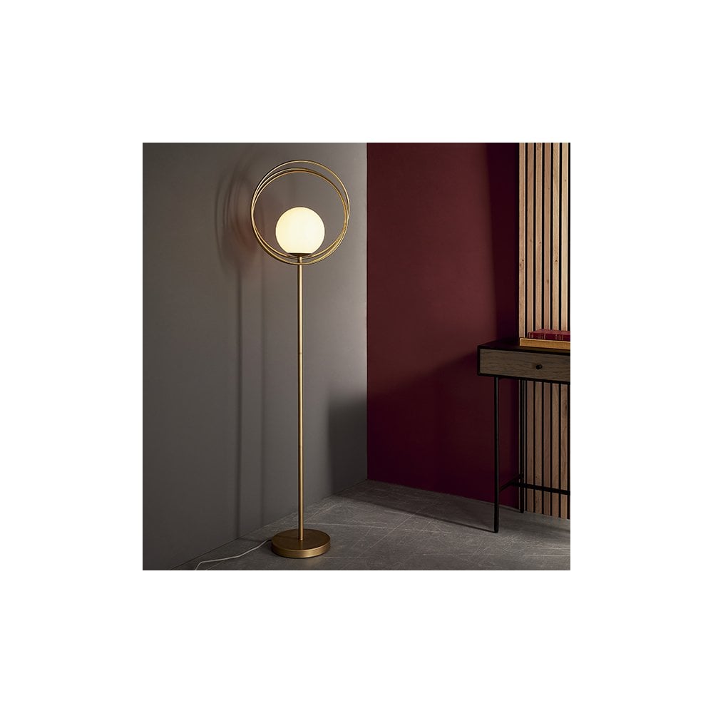 1 Light Floor  Lamp Brushed Gold Paint & Gloss Opal Glass