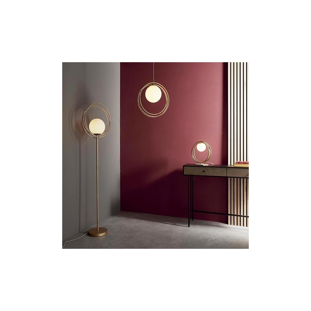 1 Light Floor  Lamp Brushed Gold Paint & Gloss Opal Glass