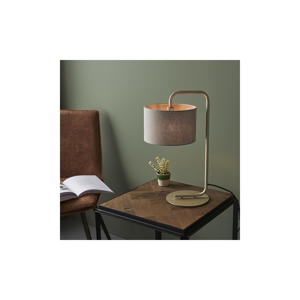 92621 1 Light Table Lamp Satin Champagne Paint & Slate Grey Fabric