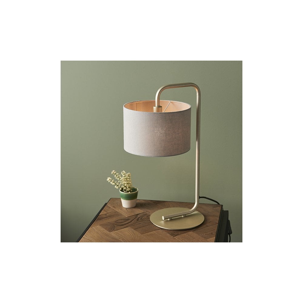 92621 1 Light Table Lamp Satin Champagne Paint & Slate Grey Fabric