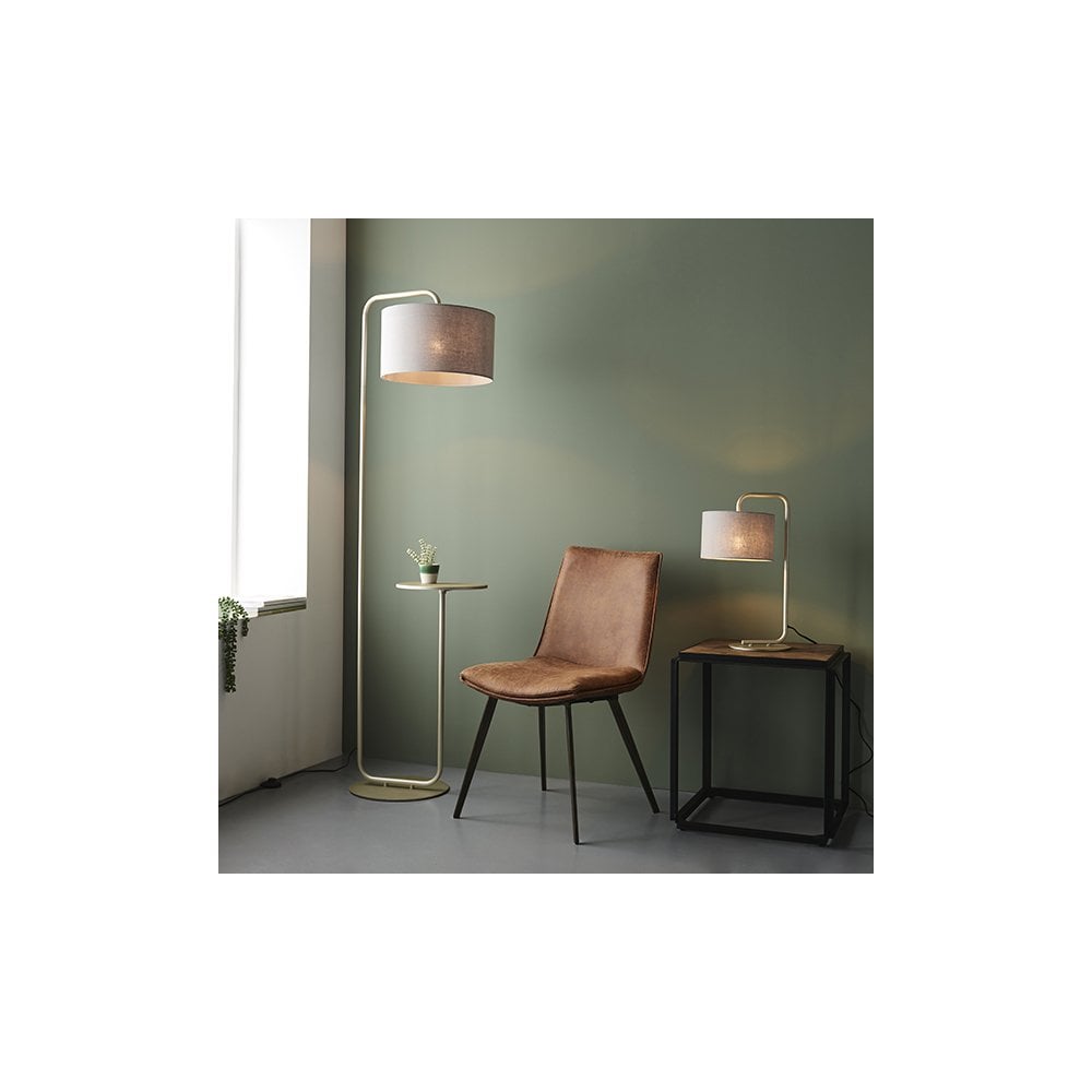 92621 1 Light Table Lamp Satin Champagne Paint & Slate Grey Fabric