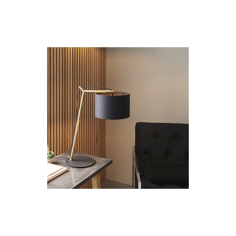 92625 1 Light Table Lamp Matt Brass Plate & Black Cotton Fabric
