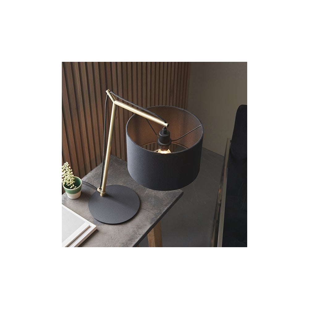 92625 1 Light Table Lamp Matt Brass Plate & Black Cotton Fabric