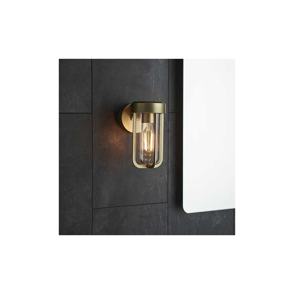 92855 Outdoor 1 Light Wall Light Brushed Gold Finish & Clear Glass