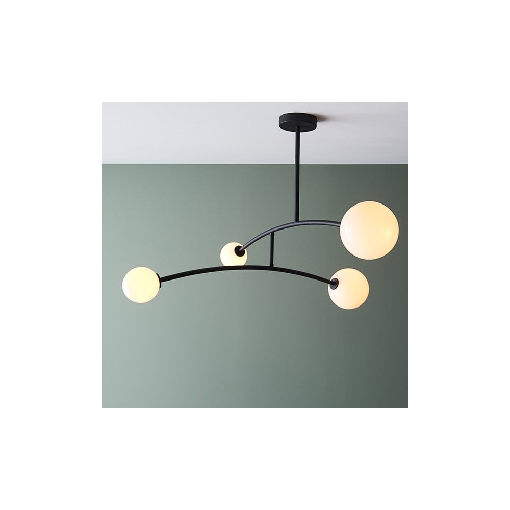 92940 4 Light Semi Flush Ceiling Light Textured Matt Black & Gloss Opal Glass