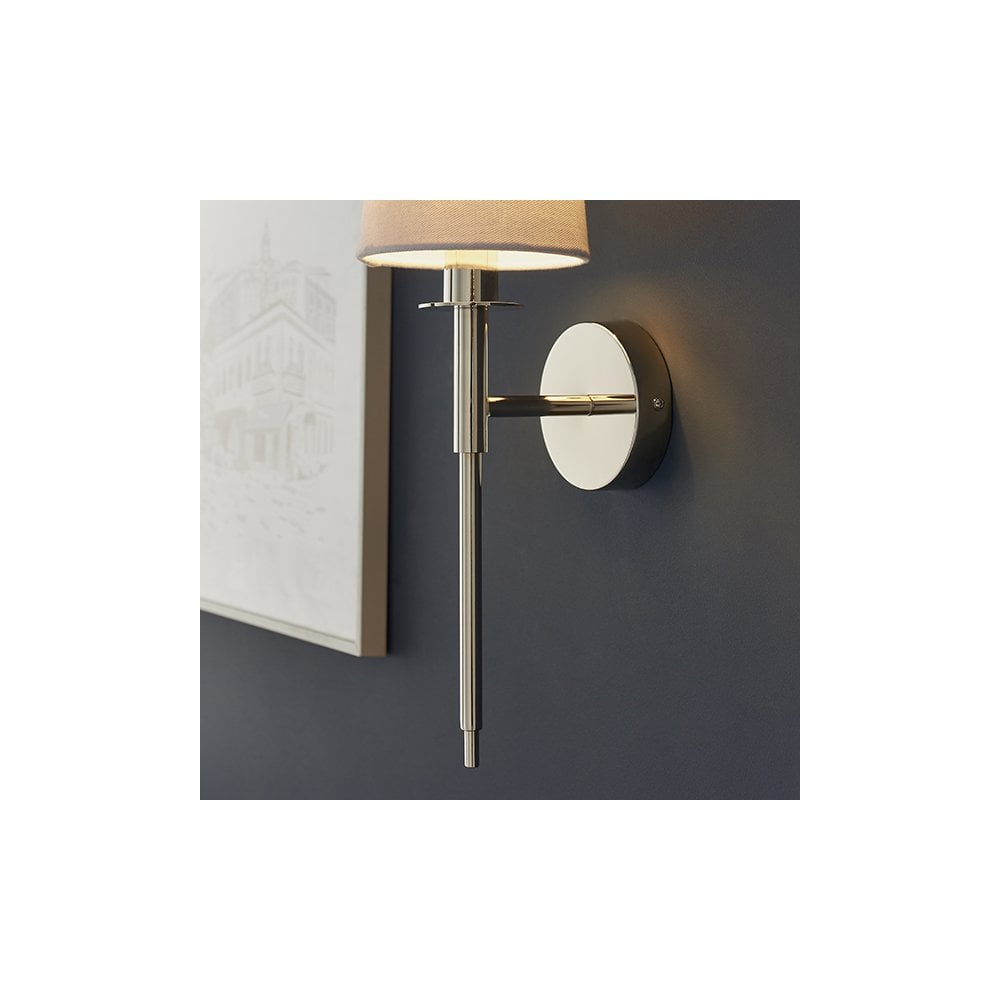 92949 1 Light Wall Light Bright Nickel Plate & Vintage White Fabric Shade