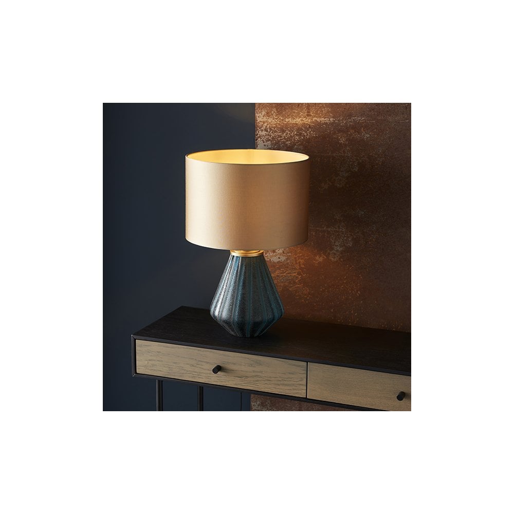 93059 1 Light Table Lamp Turquoise Tinted Glass & Gold Satin Fabric