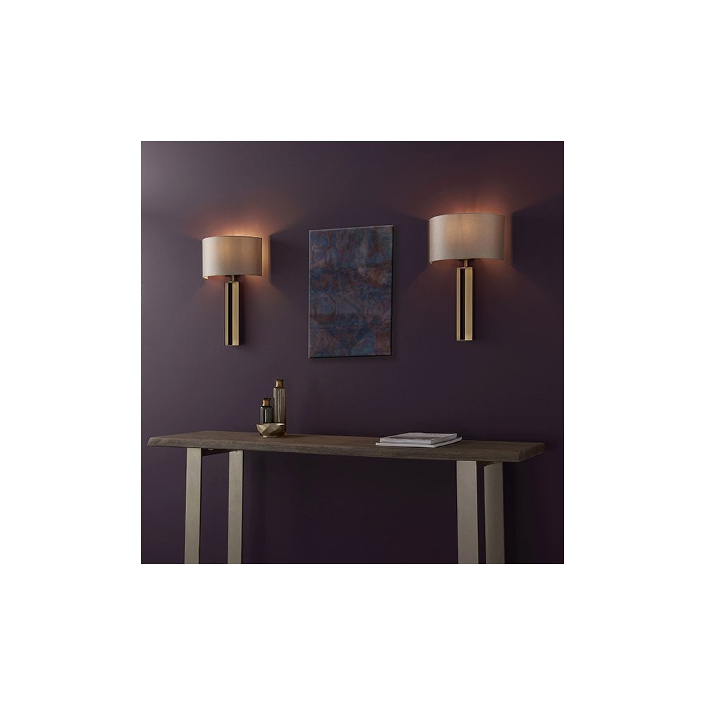 95452 1 Light Wall Light Matt Antique Brass Plate & Mink Satin Fabric Shade