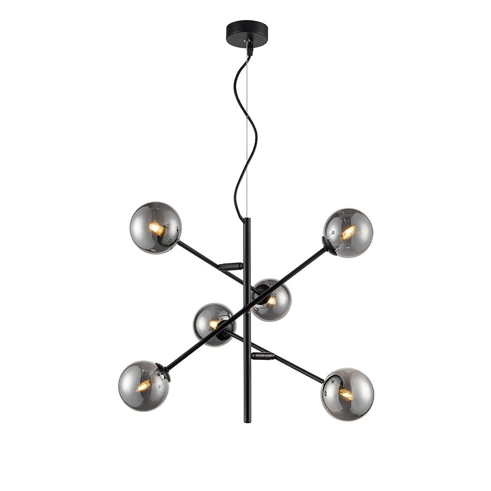 FL2438-6 Prophecy 6 Light Pendant Fitting Adjustable Black Smoke Glass