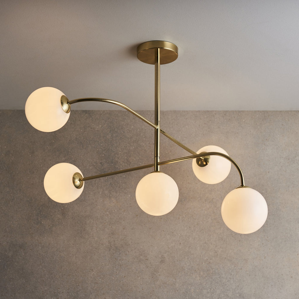75939 Otto 5 Light Semi Flush Ceiling Light Brass Opal