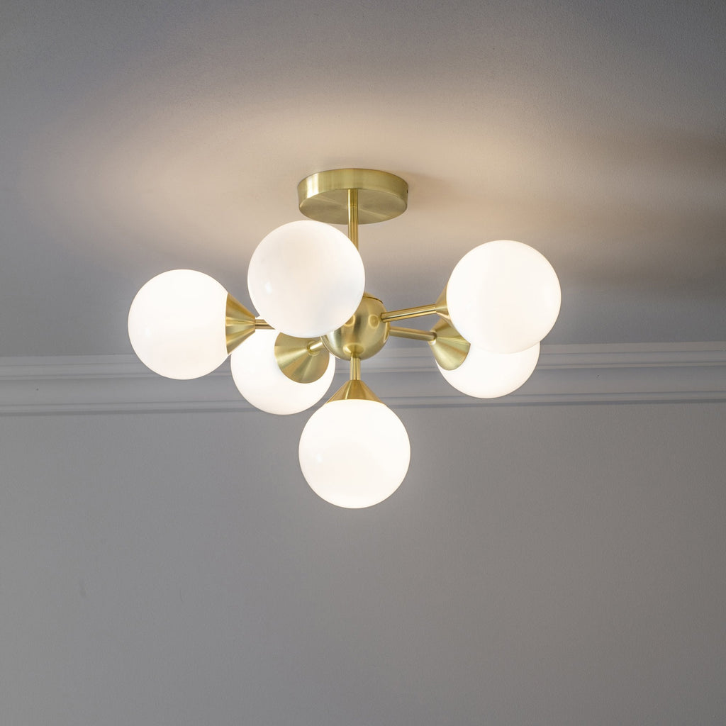 76501 Oscar 6 Light Semi Flush Ceiling Light Brass White