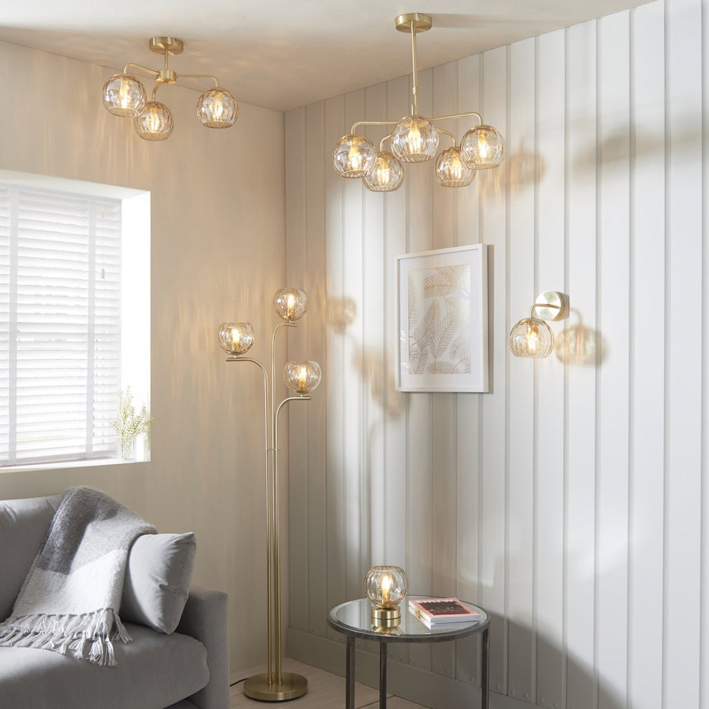 91968 Dimple 3 Light Semi Flush Ceiling Light Brass Champagne